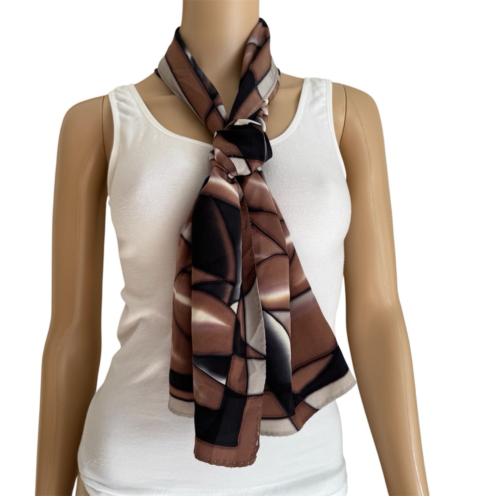 Artisan Silk Handmade Black Brown White Abstract Floral Head Skinny Neck Scarf